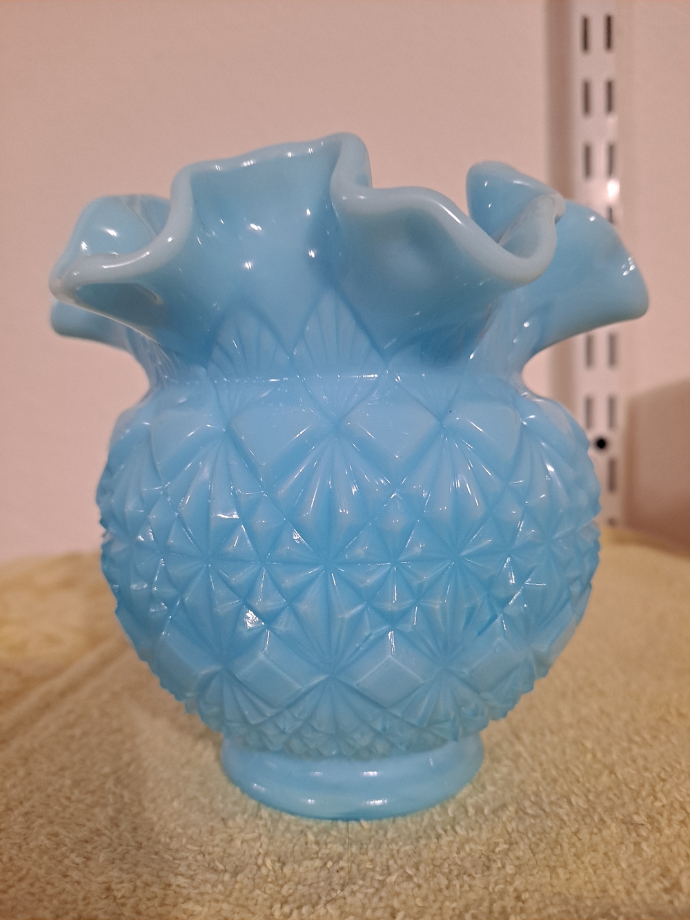 OVG Blue Ruffled Milk Glass Vase